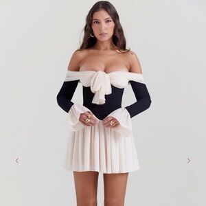 House of CB Black and Cream Off-Shoulder Mini Dress
